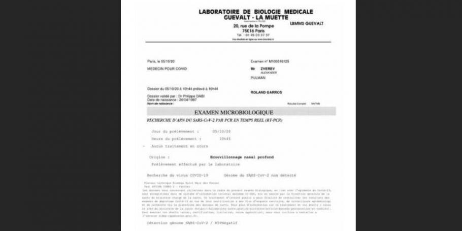 Германският тенисист Александър Зверев е дал отрицателна проба за коронавирус